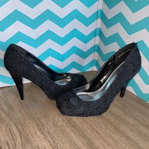 White House Black Market Edison Black Textured Plaid Tweed Heels
